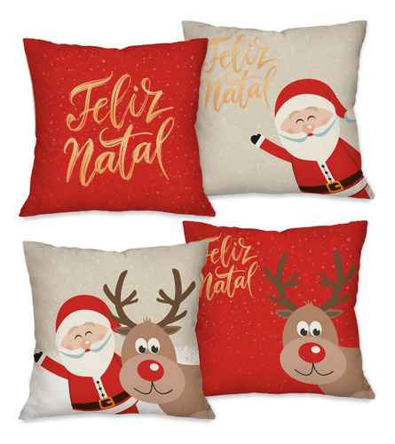 Kit Com 4 Capas Para Almofadas Natalinas Feliz Natal