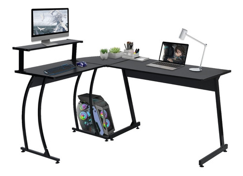 Escritorio Computable En Forma De L, Con Estante, Negro