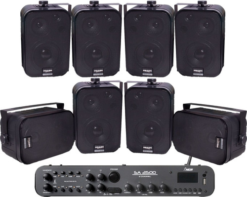 Kit Amplificador Sa2500 + 8 Sp400 Ll Áudio Bt Usb Fm Top