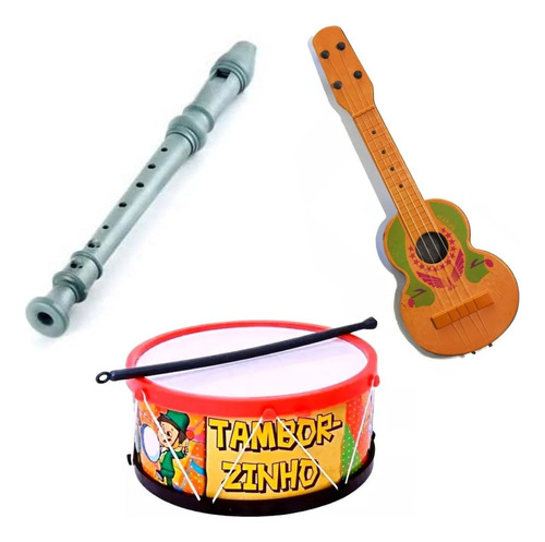 Kit Musical Infantil Brinquedo Viola + Tambor + Flauta Doce