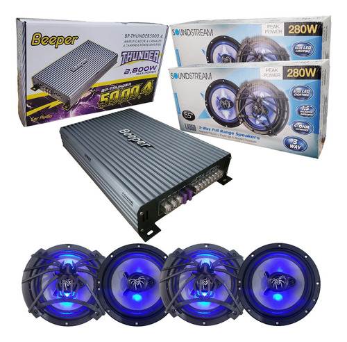 Amplificador Beeper 2800w 4c + 4 Bocinas Soundstream 6.5 Color Gris