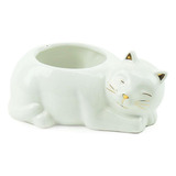 Cachepô De Porcelana Gato Branco Deitado