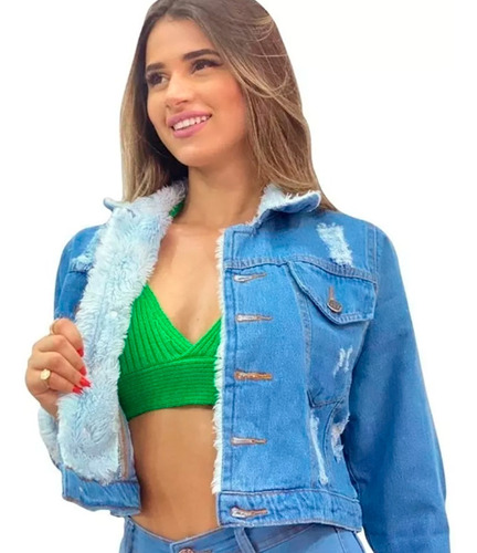 Jaqueta Jeans Feminina Forrada Curta Inverno Pelinhos Moda