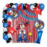 Combo De Globos Transformers Rojo Y Azul Cortina Numero Arco