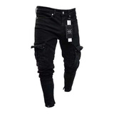 Pantalones Vaqueros Pitillo Rasgados Para Hombre Negro