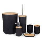 Kit Banheiro Conjunto Completo 6pçs Bambú Com Lixeira Preto