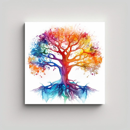 40x40cm Cuadro Acuarela Árbol Colorido Vida Bastidor Madera