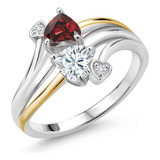 Anillo De Pareja De Plata Y Oro Con Granate Rojo Y Diamantes