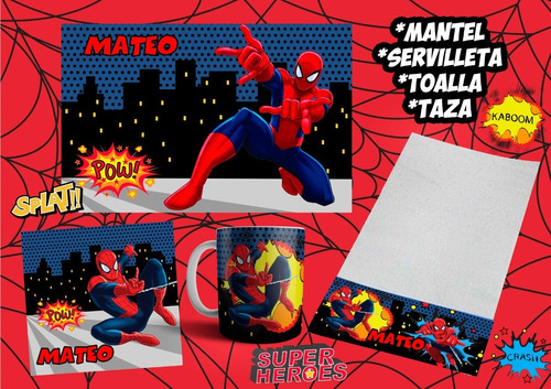 Set Jardín Sin Taza -  Hombre Araña Mantel + Servi + Toalla