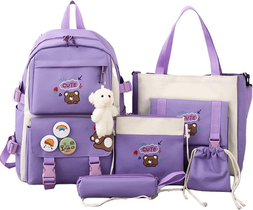 Set Mochila Escolar 5 Piezas De Niña Con Lonchera+estuche