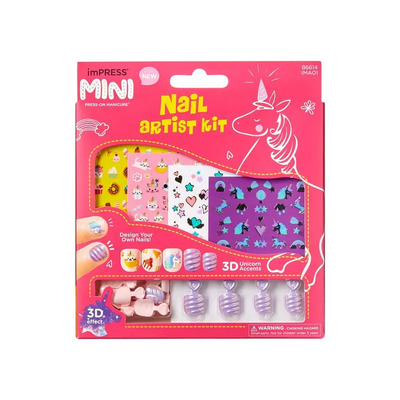 Kit Uñas Postizas Para Niñas Press-on Kit Nails Unicorn Color Lila con Stickers Kiss | Envío gratis