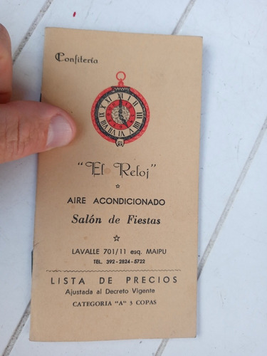 Antiguo Folleto Menu Lista Precios Confiteria El Reloj