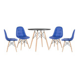 Kit Jantar Eames Wood Mesa 80 Cm 4 Cadeiras Estofada Botone Tampa Mesa Preto Com Cadeiras Azul