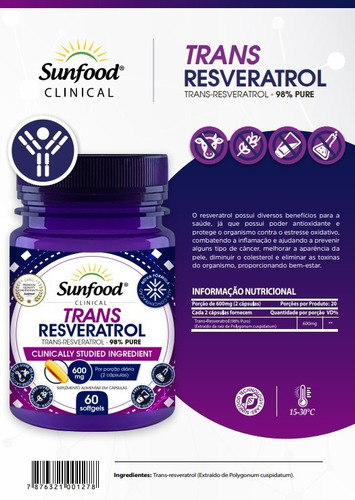 Suplemento Em Cápsula Sunfood  Clinical Trans Resveratrol 98% Pure 600mg (60sofgels) Sunfood Em Pote De 100ml