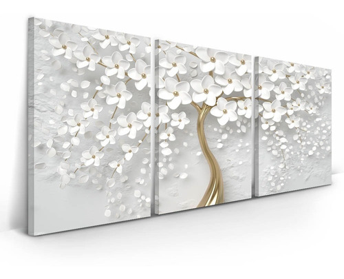 Quadro Cerejeira Branca Abstrato Dourado 180x90 Para Sala