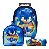 Kit Mochila Masculina Escola Rodinha Juvenil Sonic Argola Tn