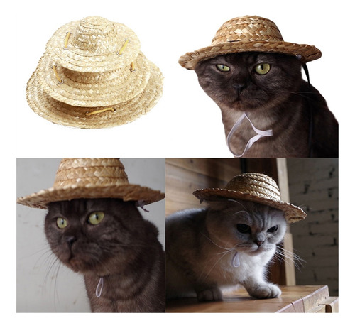 Sombrero Tejido De Paja For Mascotas, Disfraz For Gato,