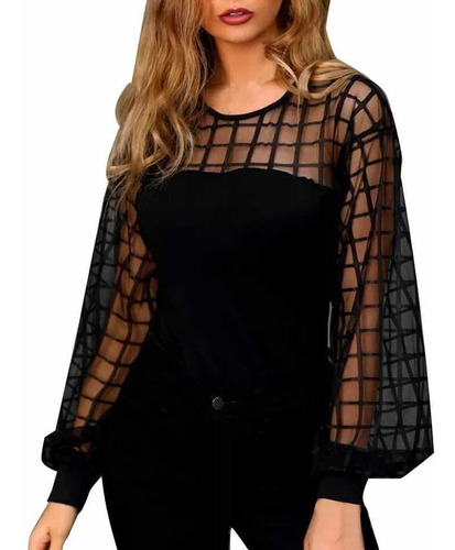 Blusa Negra Manga Larga Transparente Cuadros Sexy Malla