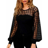 Blusa Negra Manga Larga Transparente Cuadros Sexy Malla