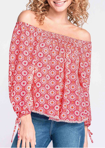 Blusa Casual Andrea Mujer Escote Cuadrado Manga 3/4 Rojo