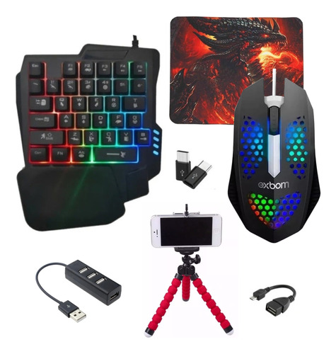 Kit Gamer Teclado One Hand E Mouse + Kit Cel + Mouse Pad