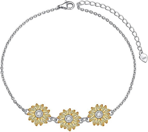 Pulsera Girasoles Plata Fina 925 Baño Oro 18k Regalo Mujer