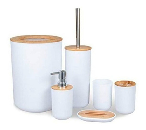 Set Completo De Baño Plastico Y Tapas De Bambu 6 Piezas 