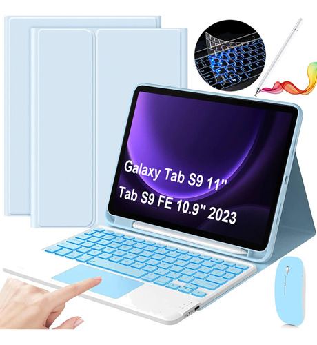 Funda C/teclado+mouse+lápiz P/galaxy Tab S9/s9 Fe 10.9 Azul
