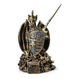 Estatueta Dragão Guardião Tesouro Ouro Com Espada Dourado 