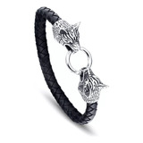 Pulsera Lobo Cuero Y Acero Inoxidable Quirúrgico Moda Hombre