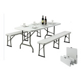 Comedor Plegable Terraza 180cm + 2 Bancas Plegables