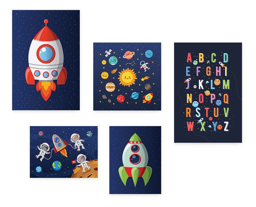 Kit 5 Quadros Astronauta Infantil Bebê Quarto Menino 318