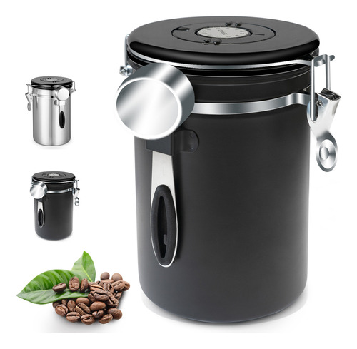 Sangkee Bote Para Café, Lata De Café Sellada Recipiente Grande Lata Hermética De Acero Inoxidable Con Indicador De Fecha Válvula Tetera Caja De Almacenamiento De Granos De Cocina With Spoon 1.8l