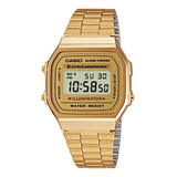 Reloj Pulsera Casio Youth Vintage A-168 De Cuerpo Color Dorado, Digital, Fondo Gris Y Dorado, Con Correa De Acero Inoxidable Color Dorado, Dial Negro, Minutero/segundero Negro, Bisel Color Dorado, Luz