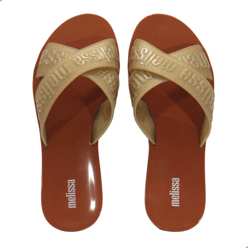 Rasteira Tiras Cruzada Melissa M Lover Slide Marrom / Ouro