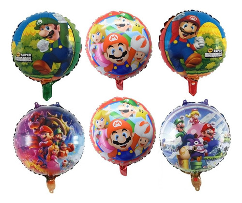 Pack 6 Globos Metalizados Super Mario Bros Para Aire O Helio