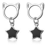 Silueta Gato Estrella Aretes Pendientes Mujer Plata 925