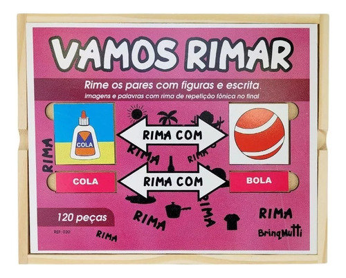 Jogo De Rima Pedagógico Infantil Madeira Vamos Rimar 120 Pçs