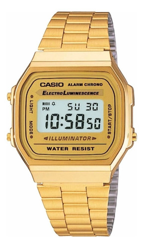 Reloj Pulsera Digital Casio A-168 Con Correa De Acero Inoxidable Color Dorado - Fondo Ocre