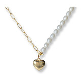 Collar Perlas Cadena Corazón Plata S925 Baño Oro + Caja