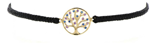 Pulsera Oro Amarillo Arbol De La Vida En Hilo Negro Pu412-az