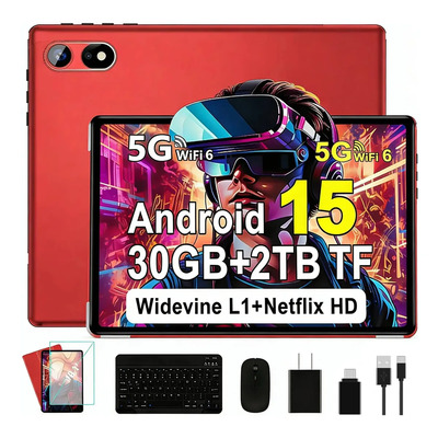 Tablet Android 15 Tablets 10 Pulgadas Con Gemini Ai, 64gb+2tb Tf, 5g Wi-fi6, Octa-core 2.0ghz, Widevine L1, 8+5mp, Gms, 6000mah, Facial Id,gps,bt5.0, 3 En 1 Tablet Con Teclado,ratón Y Funda Rojo | Meses sin interés