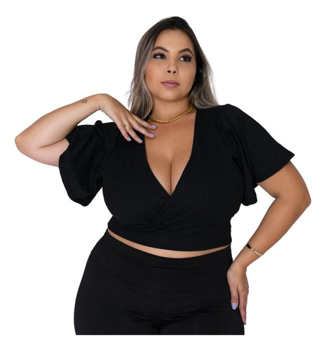 Cropped Canelado Manga Flare Moda Feminina Plus Size