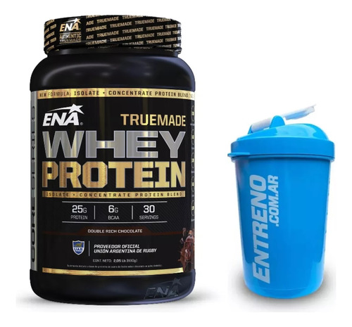 Ena Whey Protein Truemade 2 Lbs Sabor Chocolate + Shaker Vaso Batidor 600ml - Crecimiento Muscular Recuperacion Proteina Aislada + Concentrada