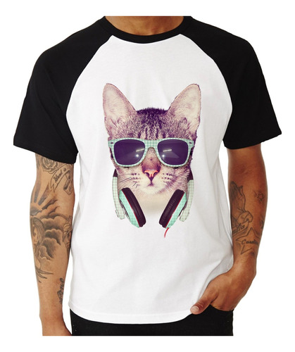 Camiseta Raglan Gato Headphone Camisa