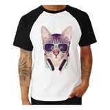 Camiseta Raglan Gato Headphone Camisa