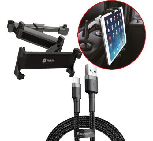 Combo Soporte Tablet Auto + Cable Cargador Usb Tipo C 3m