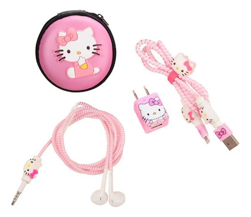 Kit Protector De Cables Hello Kitty Rosado + Estuche 