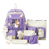 Conjunto Combo Mochila Escolar Kawaii Estilo Coreana 5 Pieza