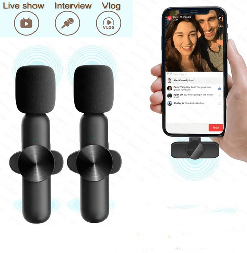 Microfone De Lapela Sem Fio Duplo Para iPhone Lightning E Cor Preto